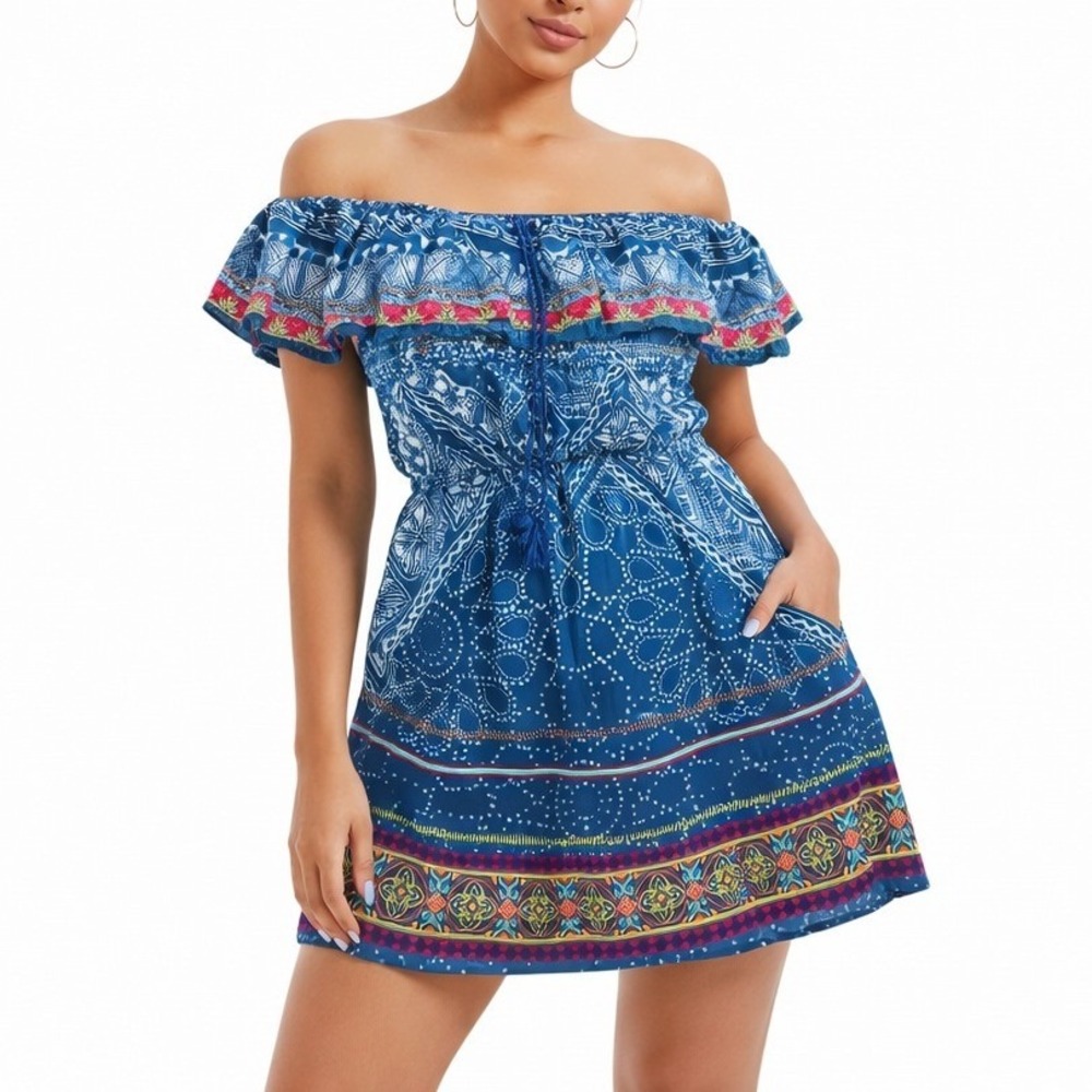 Flying Tomato Off Shoulder Dress Women Large Blue Boho Ruffle Tassel 13731-TJ